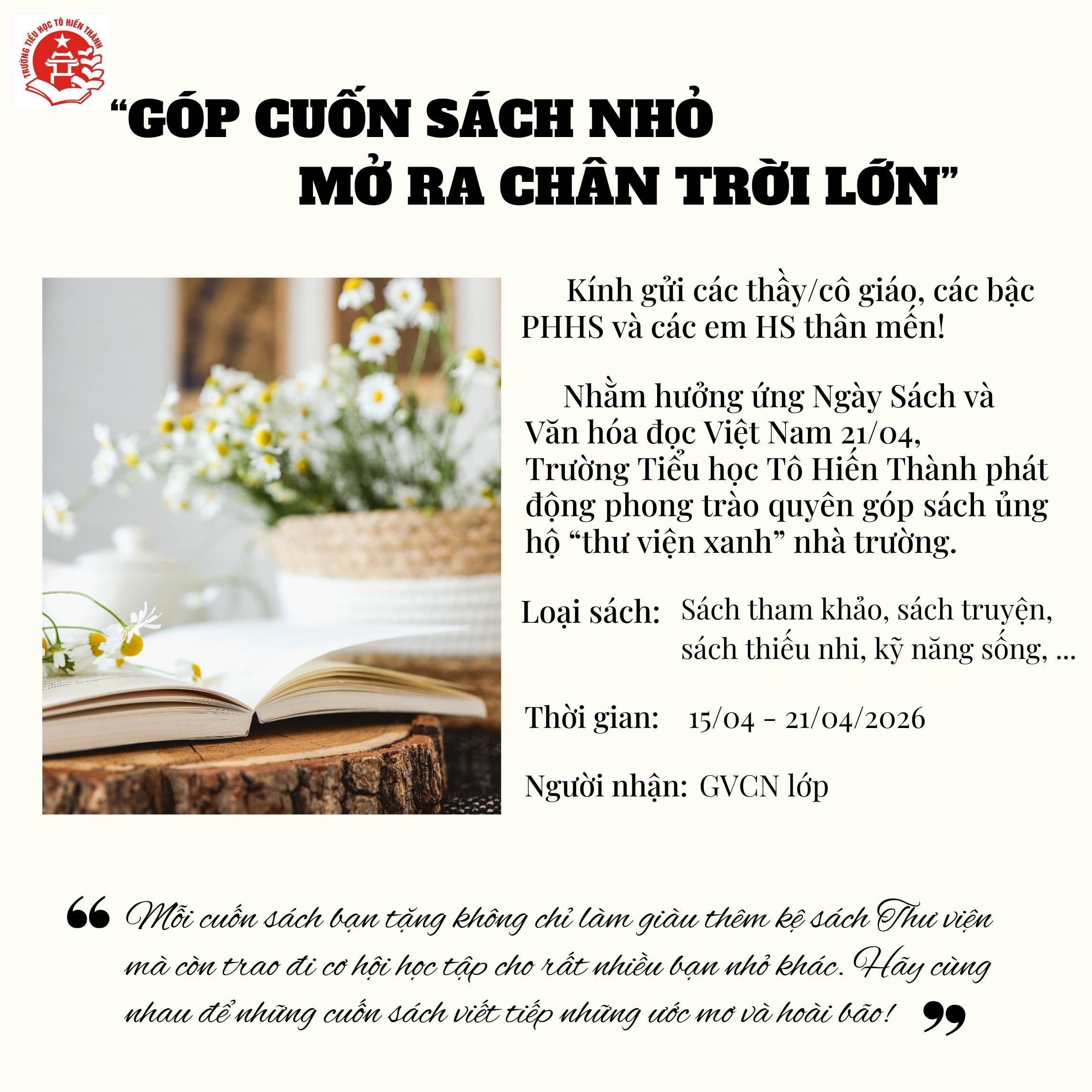 TH Tô Hiến Thành hưởng ứng ngày sách và văn hóa đọc Việt Nam 21/4